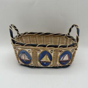 VTG Wicker Rectangle Basket Ceramic Art Tile Boat Panels Ocean Beach Cottage 12"